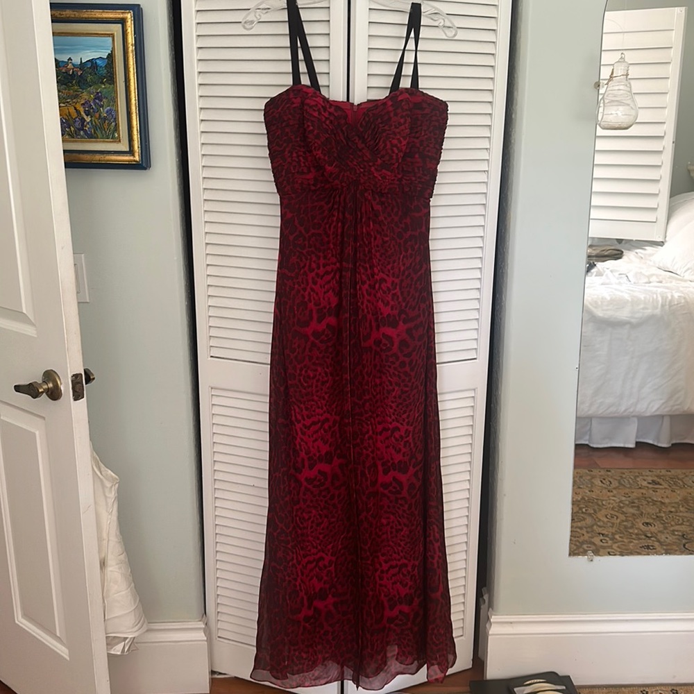 Tadashi shoji red leopard formal strapless dress